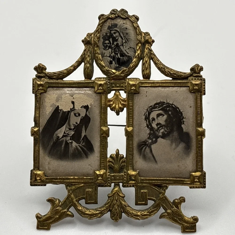 Antique German Gilt Brass Miniature Devotional Alter Frame 2.5